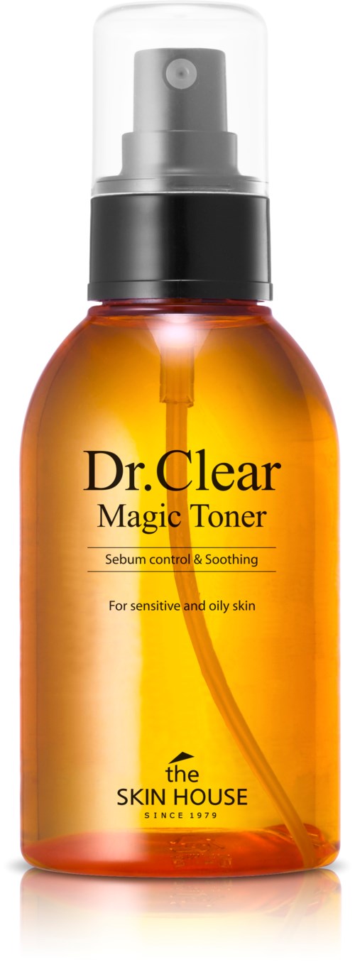 Een bruin-oranje fles met zwarte dop en witte spraydop die Dr. Clear Magic Toner voor gevoelige huid bevat.