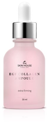 Eine rosa Flasche mit Tropfverschluss, beschriftet 'The Skin House' und 'Egg Collagen Ampoule' für Hautpflege.