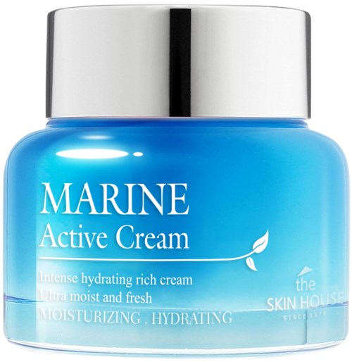Blauwe pot Marine Active Cream met zilveren deksel. Het is een hydraterende gezichtscrème.