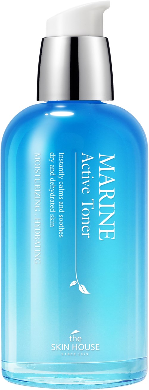 Sininen pullo pumppia, labelöity 'Marine Active Toner,' väittää rauhoittavan ja virkistävän ihoa.