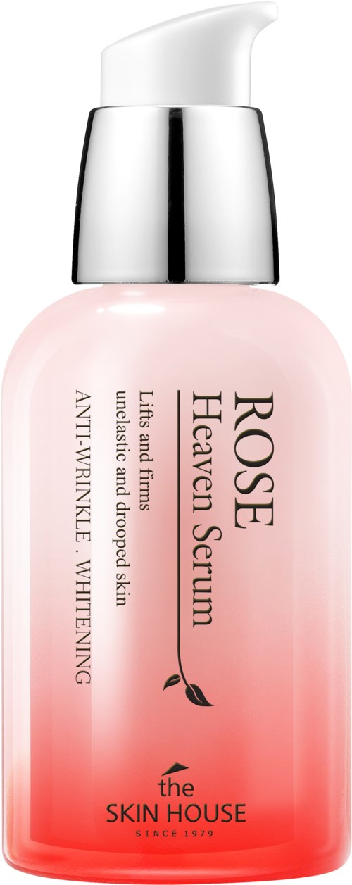 Een roze en witte pompflacon met label 'ROSÉ Heaven Serum' voor huidverzorging.