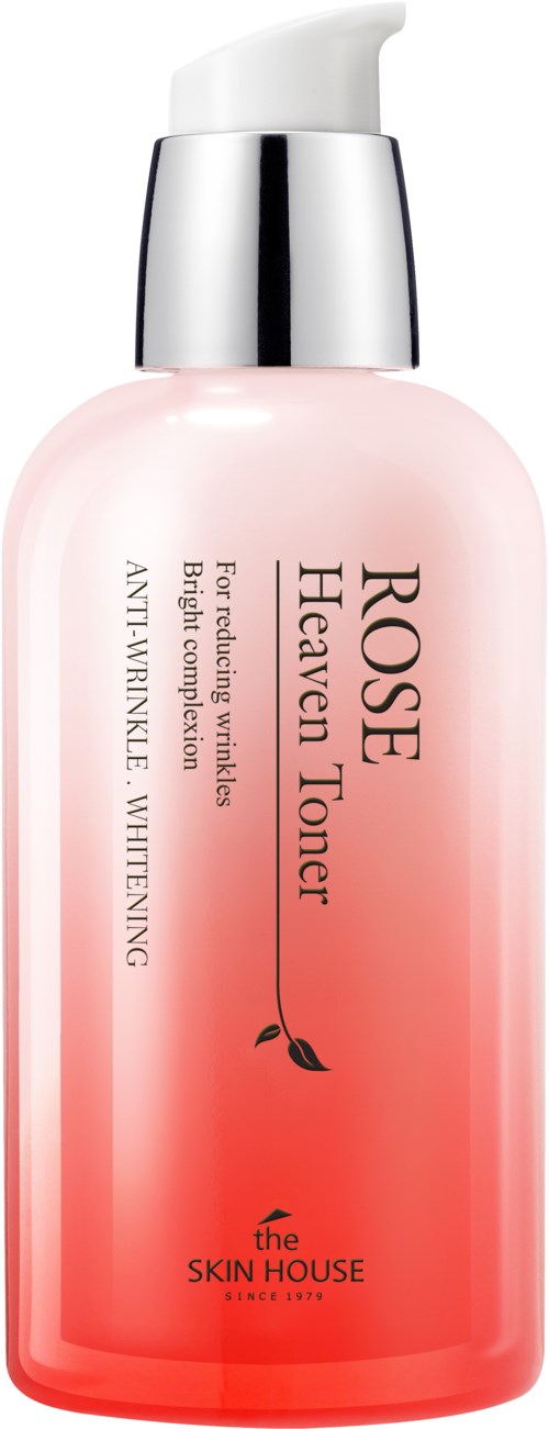 Een roze lotionfles met pomp, voor reinigen en bleken, van The Skin House, genaamd Rose Haeun Toner.