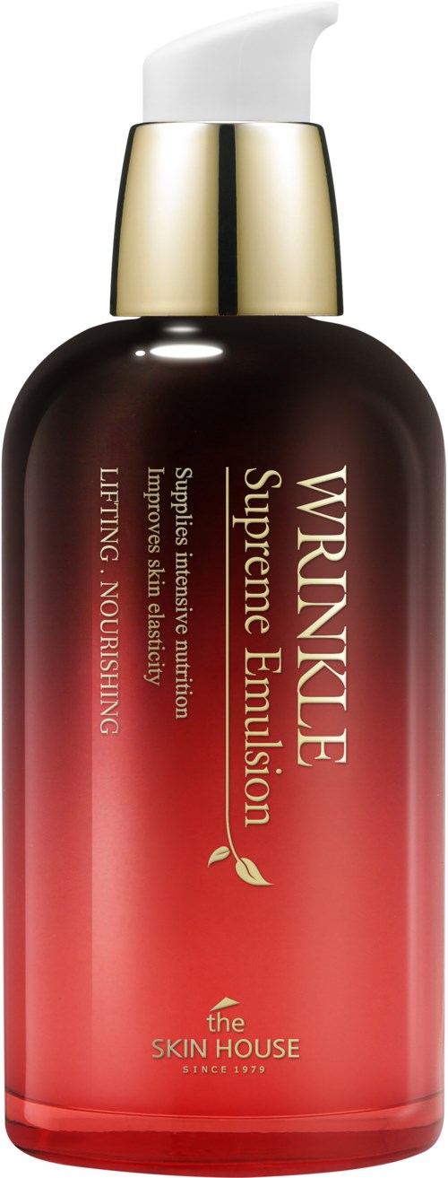 Een rode en bruine fles met een witte pomp en gouden dop, gelabeld als Wrinkle Supreme Emulsion voor huidverzorging.