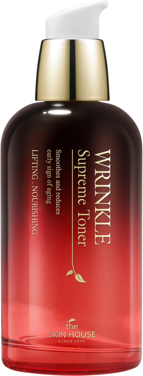 Een donkerrode fles met gouden dop en wit pompje, gelabeld Wrinkle Supreme Toner door The Skin House.