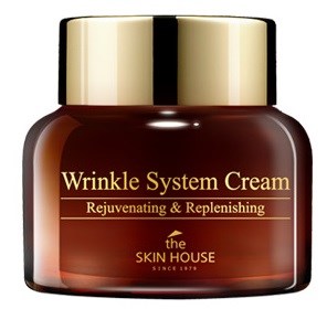 Een bruin potje met een goudkapsel, met het label 'Wrinkle System Cream' door The Skin House voor verjonging en huidvernieuwing.
