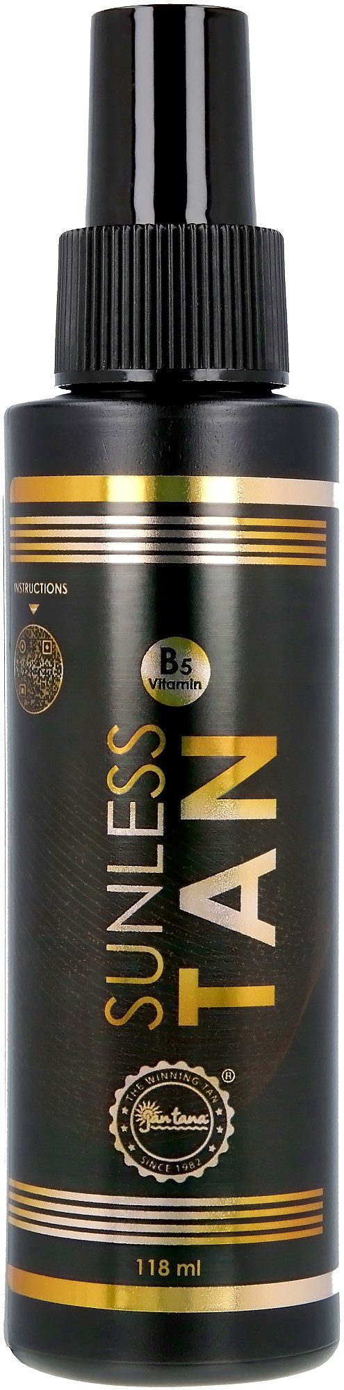 Black spray bottle with gold and white markings, labeled "Sunless Tan," 118 ml, for self-tanning.