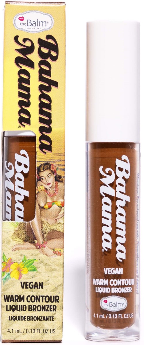 Een doos en een fles Bahama Mama vegan vloeibare bronzer, een warm contour make-up product. De doos heeft een strandscène.