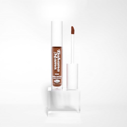 Een lipgloss met witte kap en applicator, op een doorzichtige standaard. Label zegt 'Balmourina' en wijst op vegan formule.