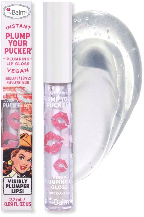 Lippenbalsem genaamd 'Plump Your Pucker' met afbeeldingen van lippen en een vrouw, beweert dat het lippen voller maakt.