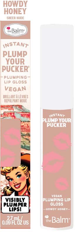 Lipglossverpakking met een vrouw, roze lipillustraties en tekst die vollere lippen en vegan ingrediënten promoot.