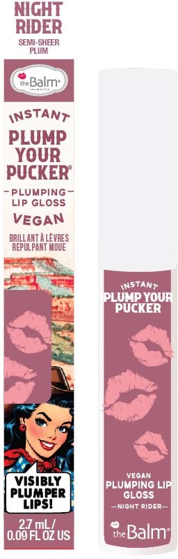 Lipgloss verpakking met roze lippenkussen, een vrouwenportret en tekst over vollere lippen en veganistische ingrediënten.