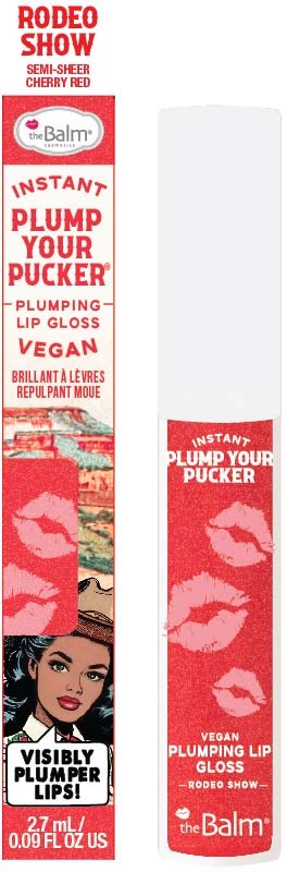 Een lipgloss genaamd 'Rodeo Show' door theBalm, met slogans over vollere lippen en vegan formule, met lipafbeeldingen.