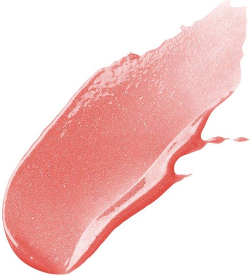 Een roze en witte ijs- of yoghurtwaai met een romige textuur en een spetter aan de rechterkant.