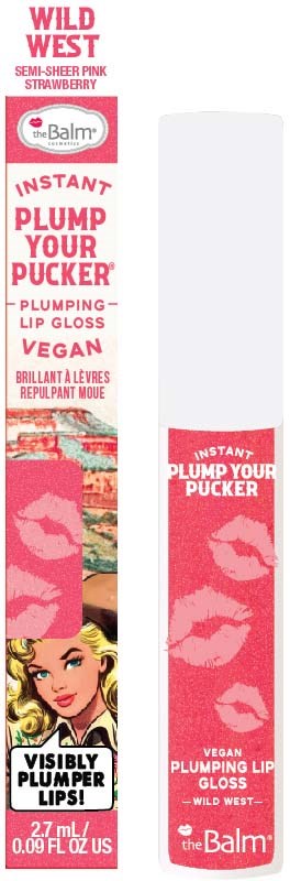 Een roze lipgloss-verpakking met lipillustratie, merknaam en beschrijving van veganistische, vollere, glanzende lippen.