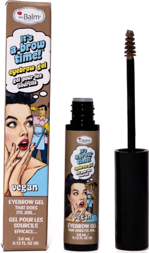 Vegan wenkbrauwgel in een klein flesje met applicator, cartoonstijl tekening van een verraste vrouw op de verpakking.