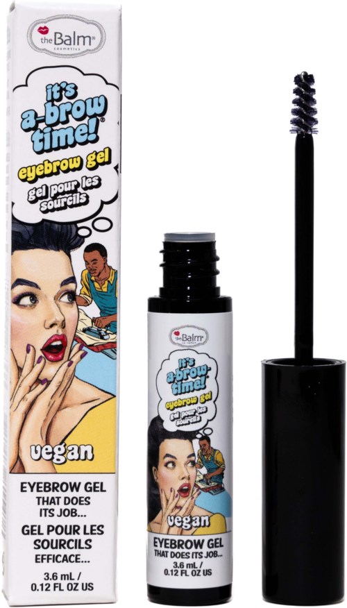 Een zwarte fles met een applicator, gelabeld als vegan wenkbrauwgel, naast bloemenverpakking met geïllustreerde vrouw.