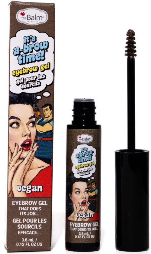 Wenkbrauwgel voor vormgeven met een kwast, in heldere verpakking met vrouw en Superman. Vegan product.