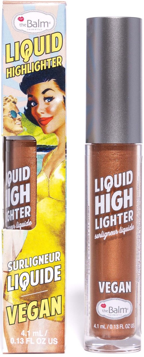 Een lipglossfles met zilveren dop, gemarkeerd als veganistisch vloeibaar highlighter van The Balm, 4,1 ml.