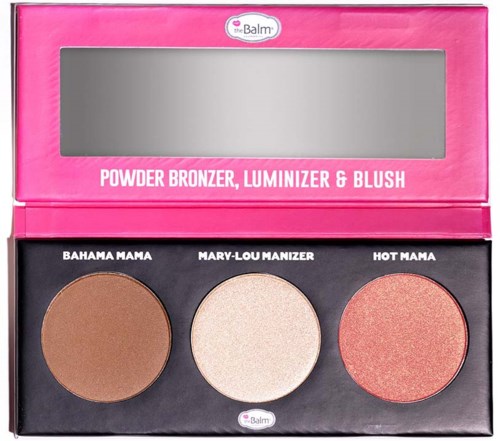 A makeup palette with three circular shades: bronzer, luminizer, and blush in a pink box with a mirror.