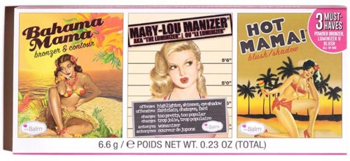 Three makeup products: a tan bronzer, a highlighter, and a blush/eyeshadow in tropical themed packaging.