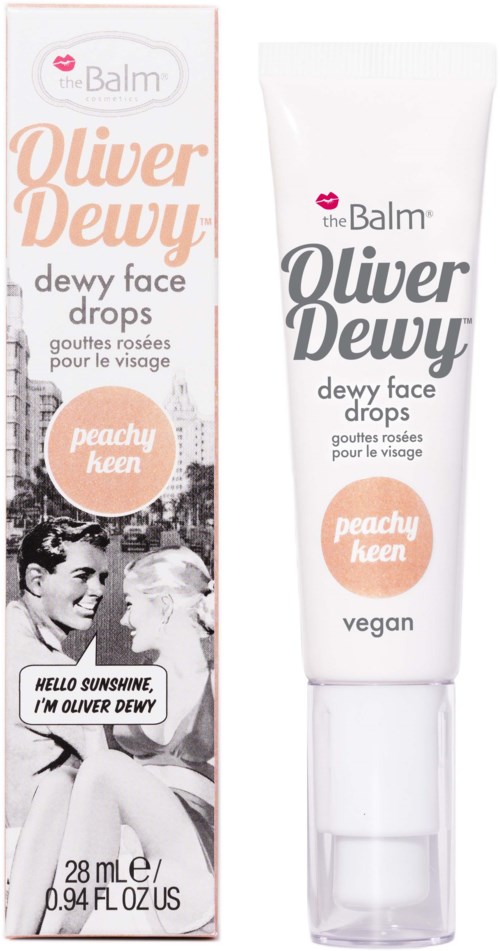 Vegan gezichtsdruppels met perziksmaak in een witte tube, naast een doos met retrofoto en logo, 28 ml.