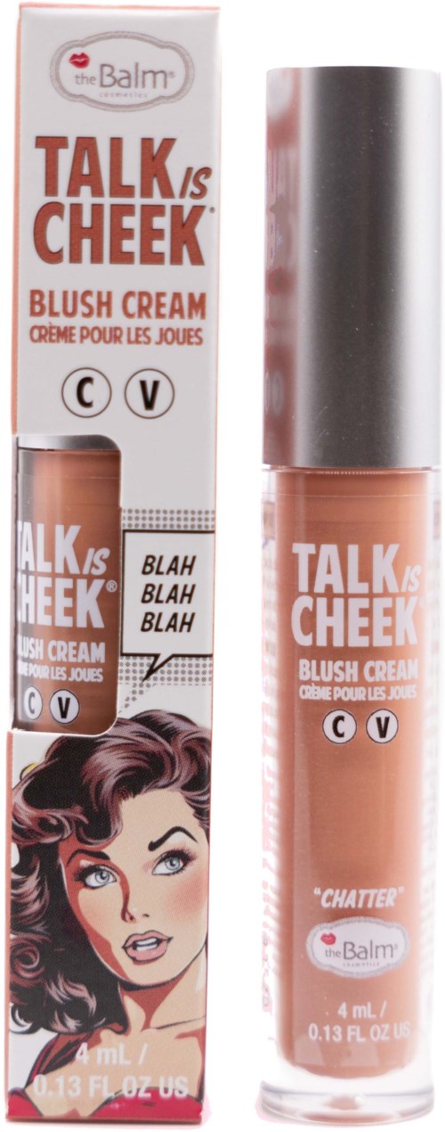 A lip gloss tube with a comic-style woman illustration, labeled as talking cheek blush cream, with a metallic cap.