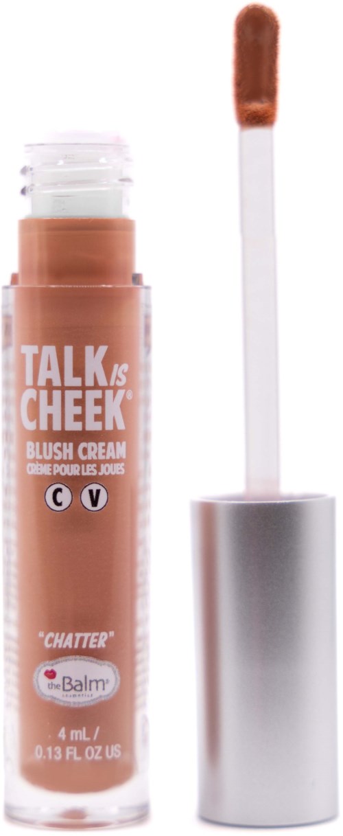 Lip gloss tube with brush applicator, labeled Talk's Cheek Blush Cream, in beige color.