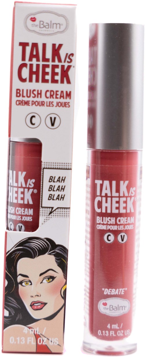 A lip gloss named 'TALK IS CHEEK' in a pink shade, with white and black packaging featuring a cartoon woman's face.