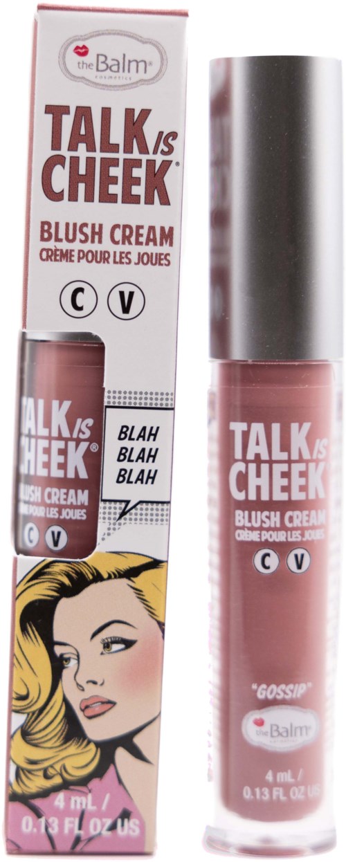 A lip gloss tube with packaging shows a woman's face and the text "TALK is CHEEK". It is a blush cream for cheeks.