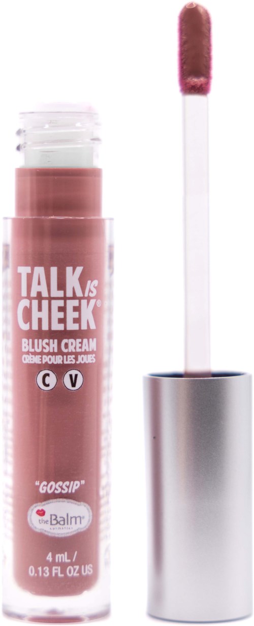A pink lip gloss tube labeled "TALK cheEK" with a silver cap and an applicator wand.