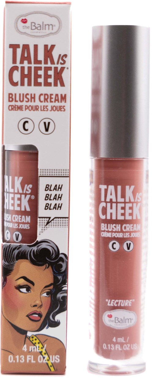 A cosmetic product called 'TALK is CHEEK' blush cream by theBalm, with a cartoon woman illustration on the packaging.