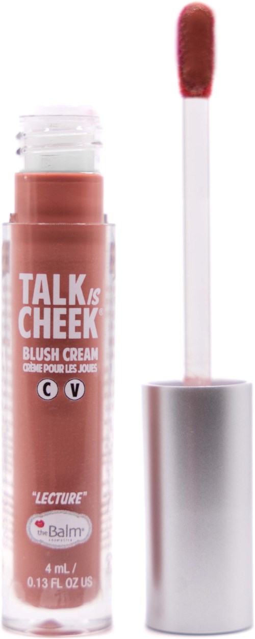 Lip gloss tube with pinkish shade and wand applicator. Contains blush cream with talk and cheek branding.