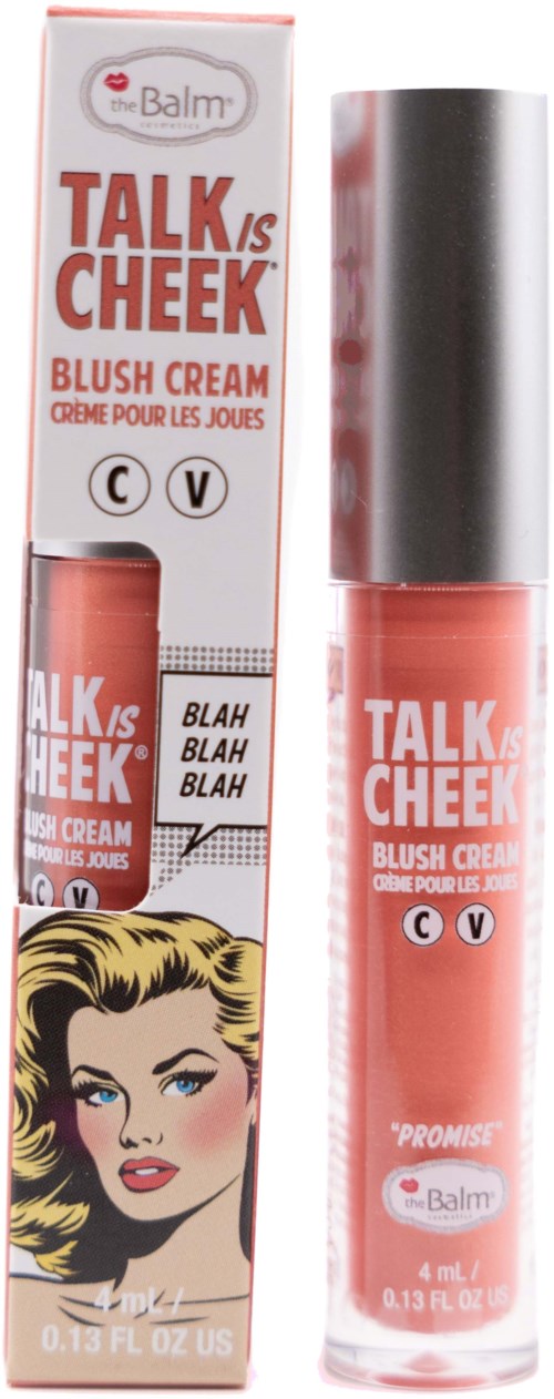 A lip gloss called 'TALK is CHEEK' with bright packaging, featuring a woman's cartoon face and text about blush cream.