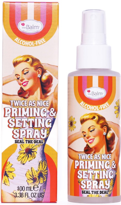 Een cosmeticaspraydop en doos met een vintage vrouwillustratie, kleurrijk ontwerp en tekst die zegt dat het alcoholvrij is.