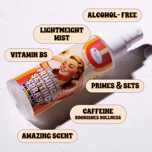 Een sprayfles beweert alcoholvrij te zijn, lichte mist met vitamine B5, cafeïne, geweldige geur, bereidt de huid voor, vermindert dofheid.