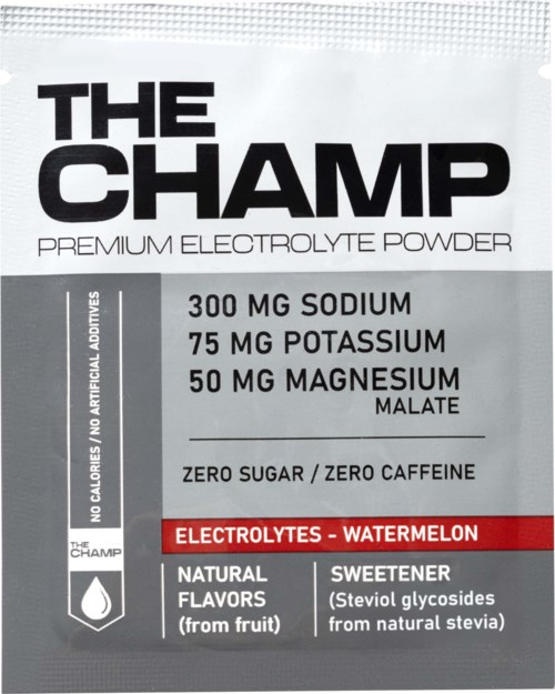 Pakkaus nimeltä 'The Champ' elektrolyyttijauheella, makusi vesimelooni, sisältää kaliumia, natriumia, magnesiumia ja ei sokeria.