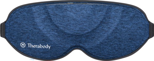 Blauwe slaapmasker met Therabody-logo, zachte stof en verstelbare band voor comfort.