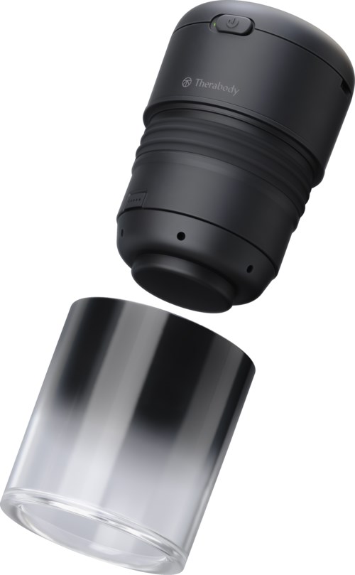 Een zwarte koffiemolen boven een doorzichtige glazen beker, beide zijn schoon en modern. De molen is van Thermobox.
