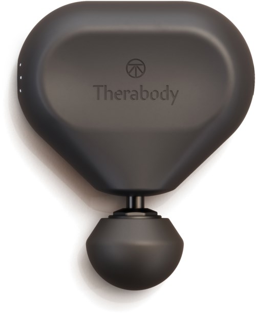 Een zwart apparaat met een afgeronde bovenkant en een kleine bal aan de onderkant, label 'Therabody' met een logo.