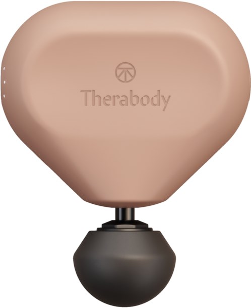 Een beige apparaat met 'Therabody' erop, met een zwart ronde aan de onderkant.