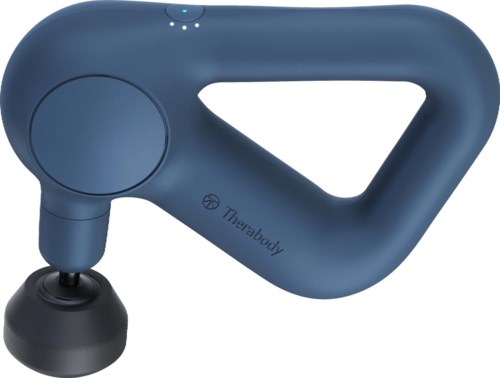 Een blauwe handbediende massaag apparaat met een grote, gebogen handgreep en een ronde massagekop. Het heeft een klein display en knoppen.