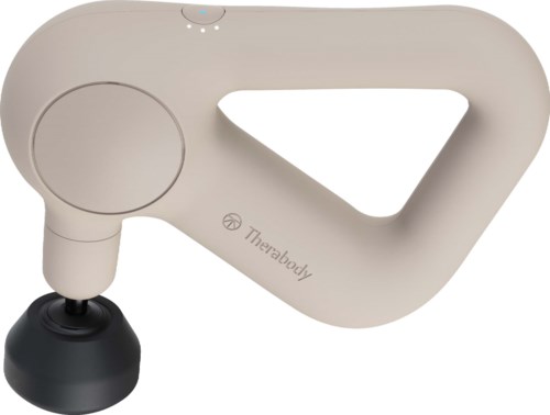 Een Therabody-apparaat met handvat, ronde kop, en bedieningsknop, gebruikt voor spiertherapie en ontspanning.