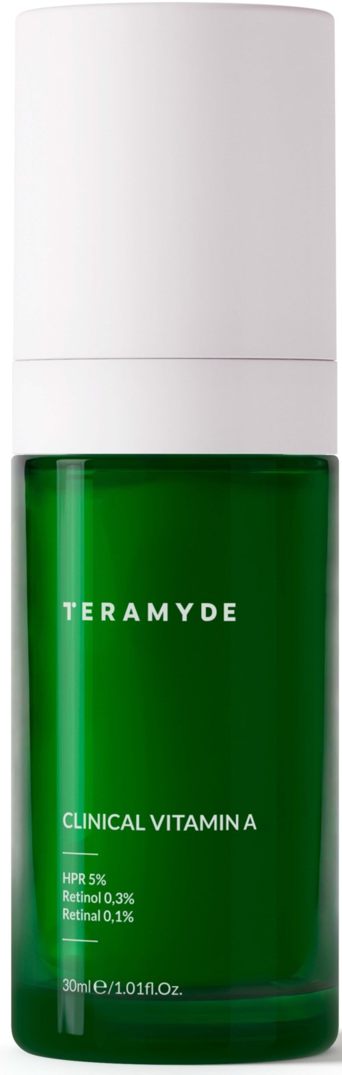 En grønn flaske med Teramyde Clinical Vitamin A hudpleieprodukt, hvit hette og etikett med innhold.
