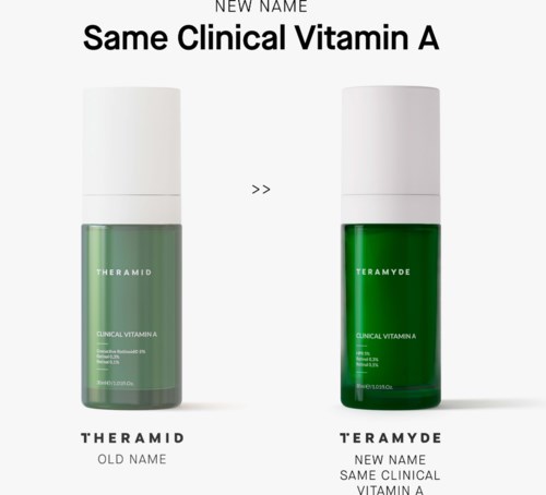 Bild som sammenligner gammel og ny emballasje av Teramyd Vitamin A-serum, viser lignende flasker med forskjellige etiketter.