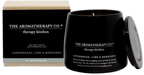 A black candle jar and box with white text, labeled 'Lemongrass, Lime & Bergamot' from The Aromatherapy Co.