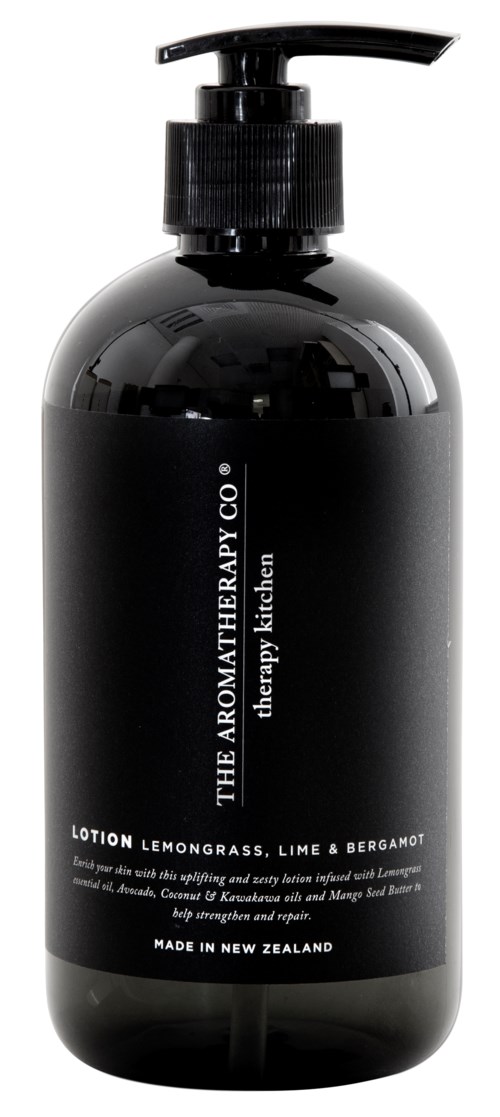 Black bottle with pump, label mentions Lemongrass, Lime, Bergamot, made in New Zealand.