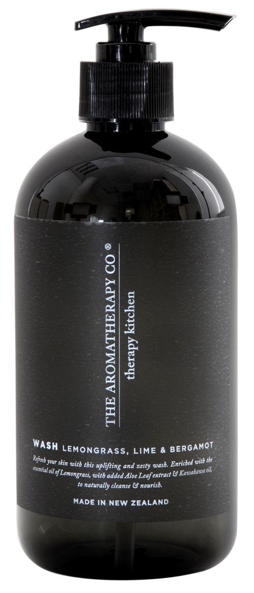 Black bottle with a pump contains lemon grass, lime, bergamot scent hand wash made in New Zealand.