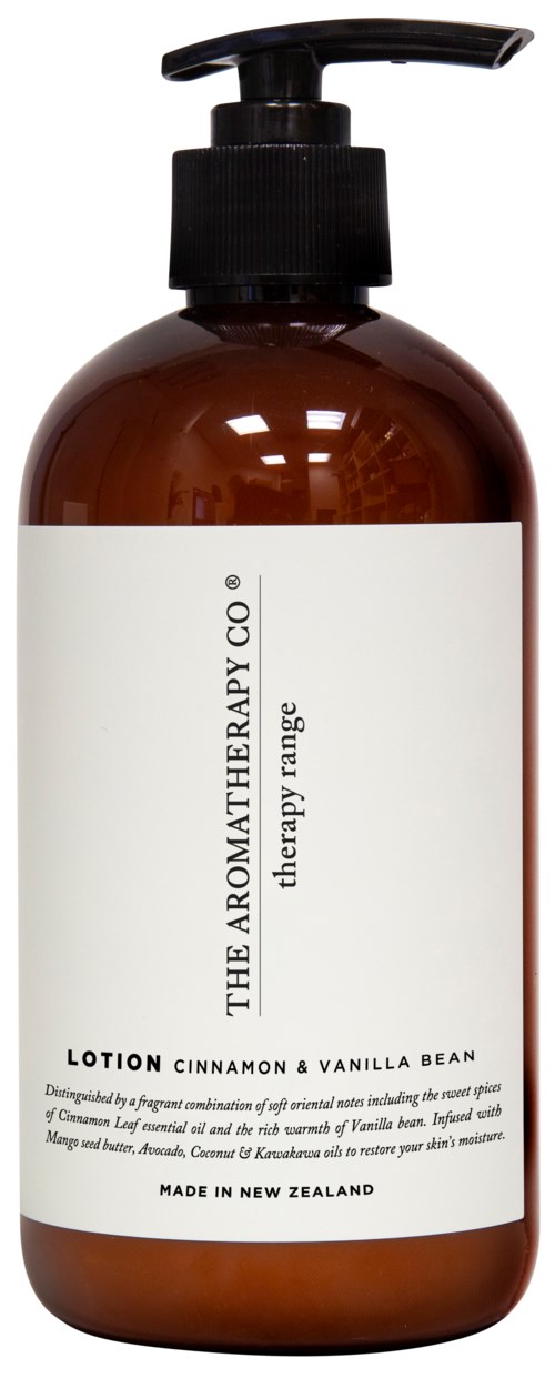 Brown lotion bottle with a white label and black pump, labeled 'THE AROMATHERAPY CO. Lotion Cinnamon & Vanilla Bean'.