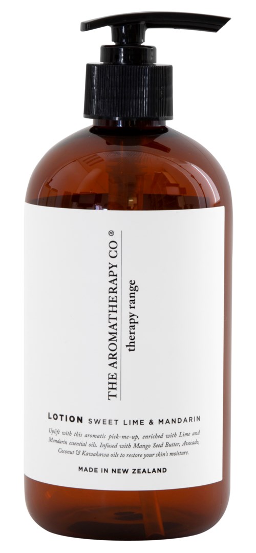 An amber bottle with a black pump labeled 'Lotion Sweet Lime & Mandarin' from The Aromatherapy Co.