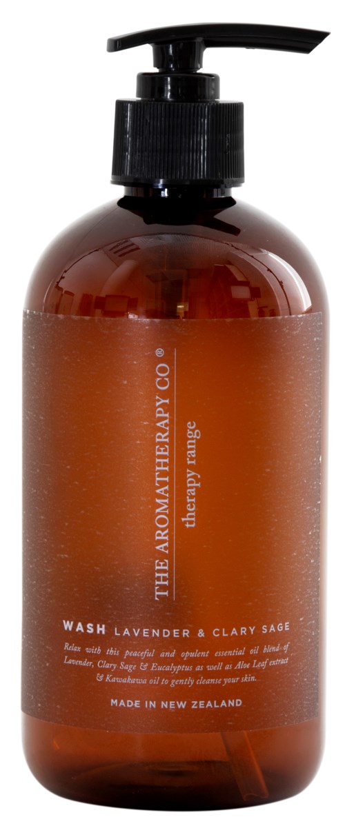 A brown pump bottle labeled "Wash Lavender & Clary Sage" from The Aromatherapy Co, made in New Zealand.